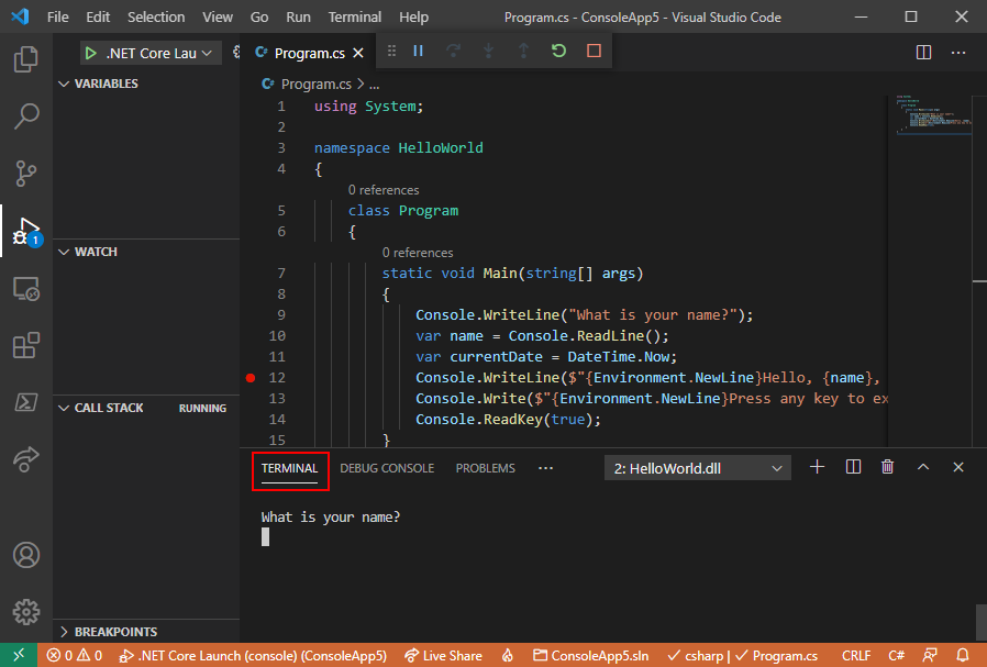 Debugging C# in Visual Studio Code