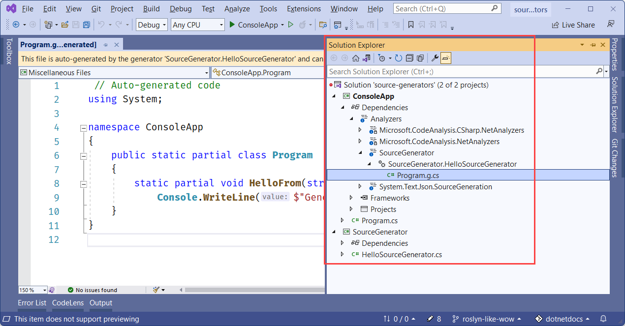 Visual Studio: Solution Explorer source generated files.