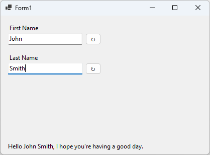 A Windows Forms app with two text boxes created from user controls, and a label.