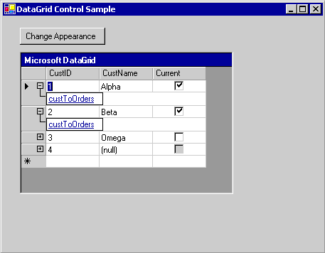 A WinForms app showing a DataGrid bound to data with multiple tables.
