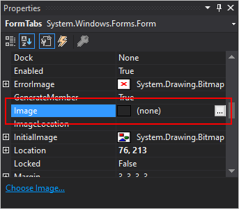Properties dialog with image property selected