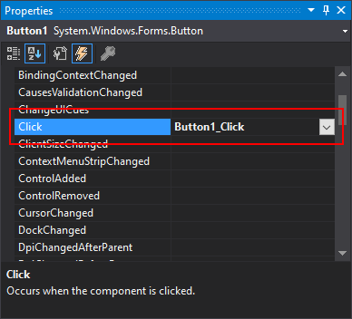Visual Studio properties pane shown with the events mode enabled and the click event.