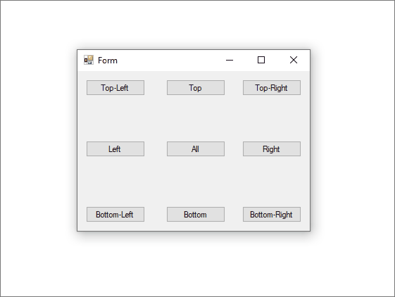 A Windows form demonstrating the different anchor modes for a control