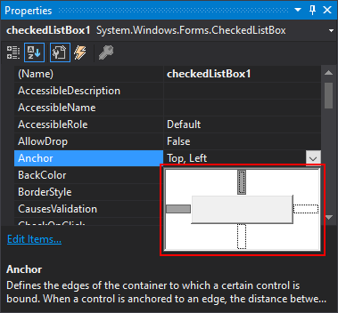 Visual Studio Properties pane for .NET Windows Forms with Anchor property expanded.