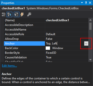 Visual Studio Properties pane for .NET Windows Forms with Anchor property shown.
