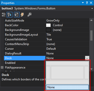 Visual Studio Properties pane for .NET Windows Forms with Dock property expanded.