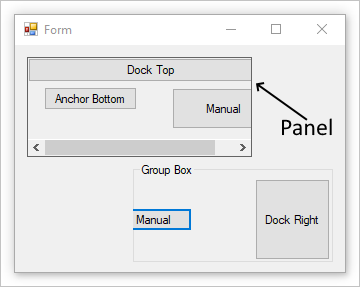 A Windows Form with a panel and group box.