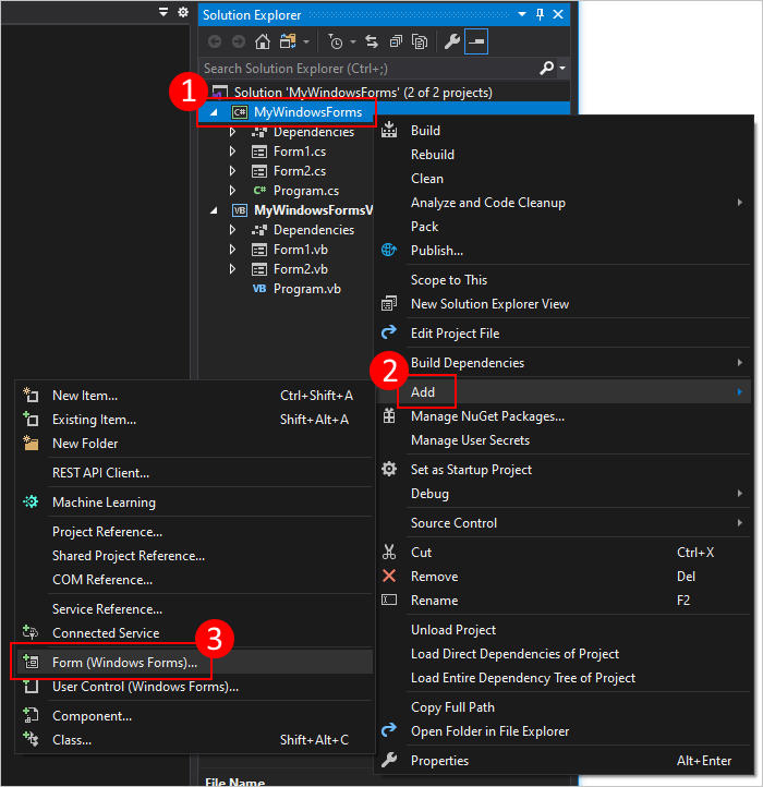 Right click solution explorer to add new form to windows forms project
