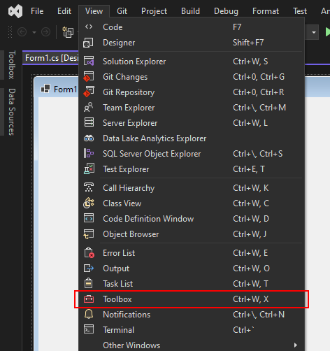 The view menu with the toolbox item highlighted in a Visual Studio 2022 Windows Forms project.