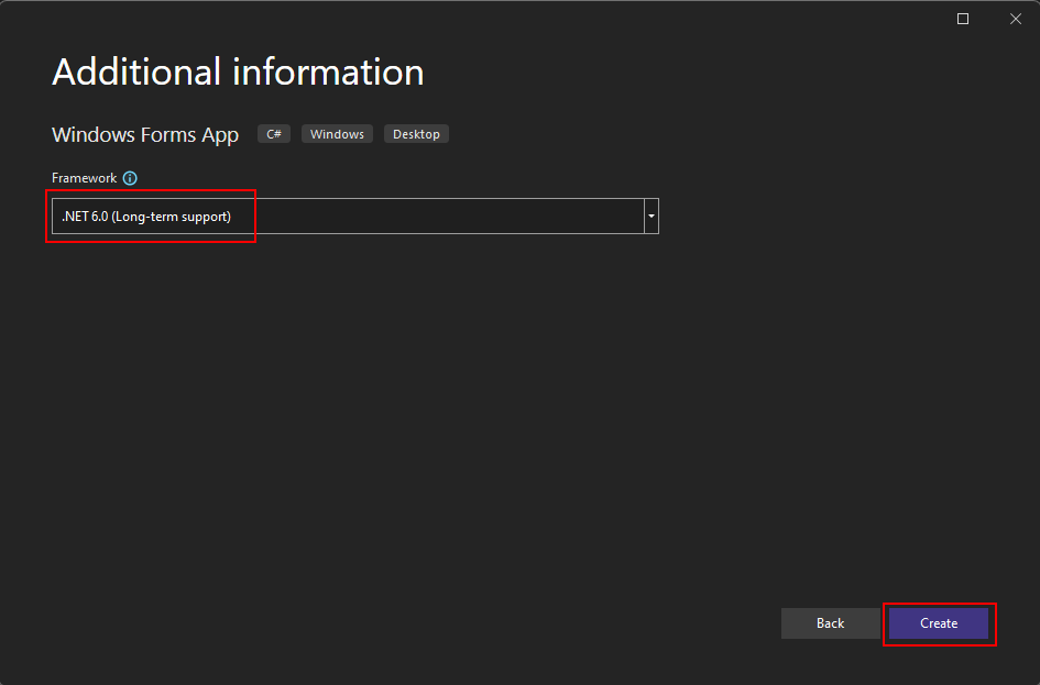 Select the target framework for a Windows Forms project in Visual Studio 2022.