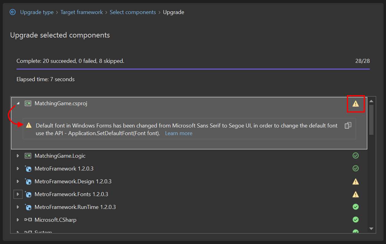 A screenshot of the .NET Upgrade Assistant's upgrade results tab, showing some of the result items have warning symbols.