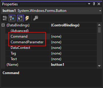 The Visual Studio properties window highlighting a Windows Forms' Button's Command and CommandParameter properties.
