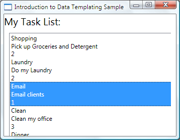 Screenshot of the Introduction to Data Templating Sample window showing the My Task List ListBox displaying the tasks as TextBlock elements.