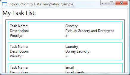 Screenshot of the Introduction to Data Templating Sample window showing the My Task List ListBox stretched to fit the screen horizontally.