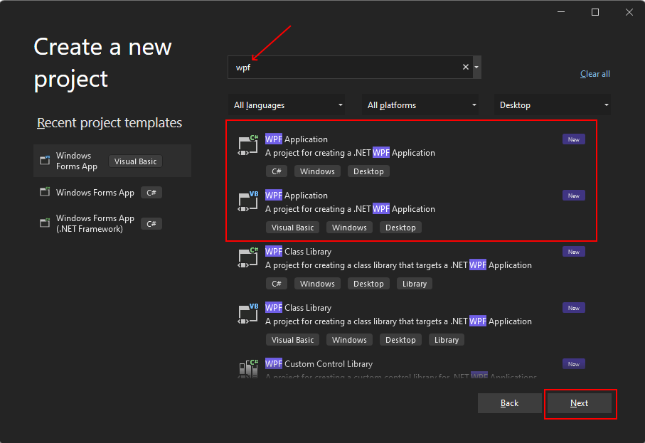 Search for the WPF template in Visual Studio 2022 for .NET.