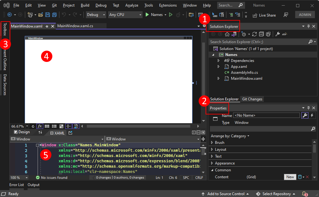 The important components of Visual Studio you should know when creating a WPF project for .NET