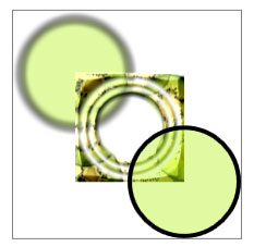 Illustration of a composite drawing showing a square filled with kiwi slices overlapping a black rimmed, green circle on the upper left with a black rimmed, green circle overlapping on the bottom right. Bitmap effects and an opacity mask have been applied distorting the original drawing.