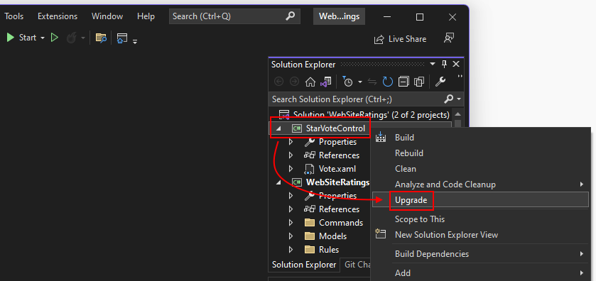 The .NET Upgrade Assistant's Upgrade menu item in Visual Studio.