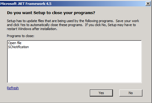 The Close Application dialog listing the programs currently running.