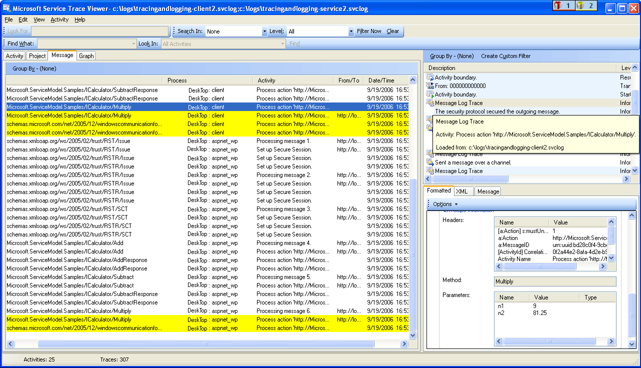 Screenshot of Trace Viewer with message logging enabled.