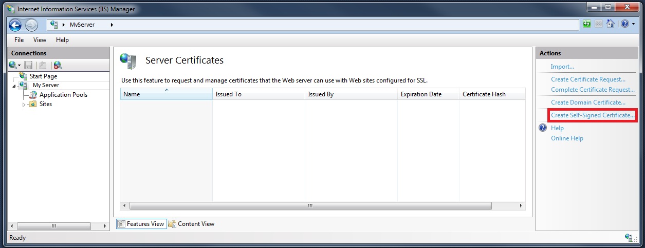 Creating a self-signed certificate with IIS