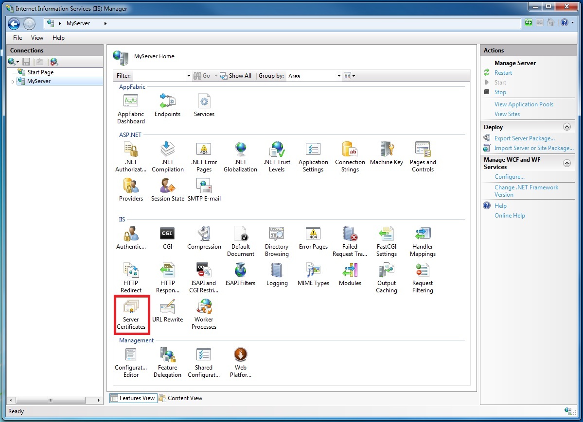 IIS Manager Home Screen