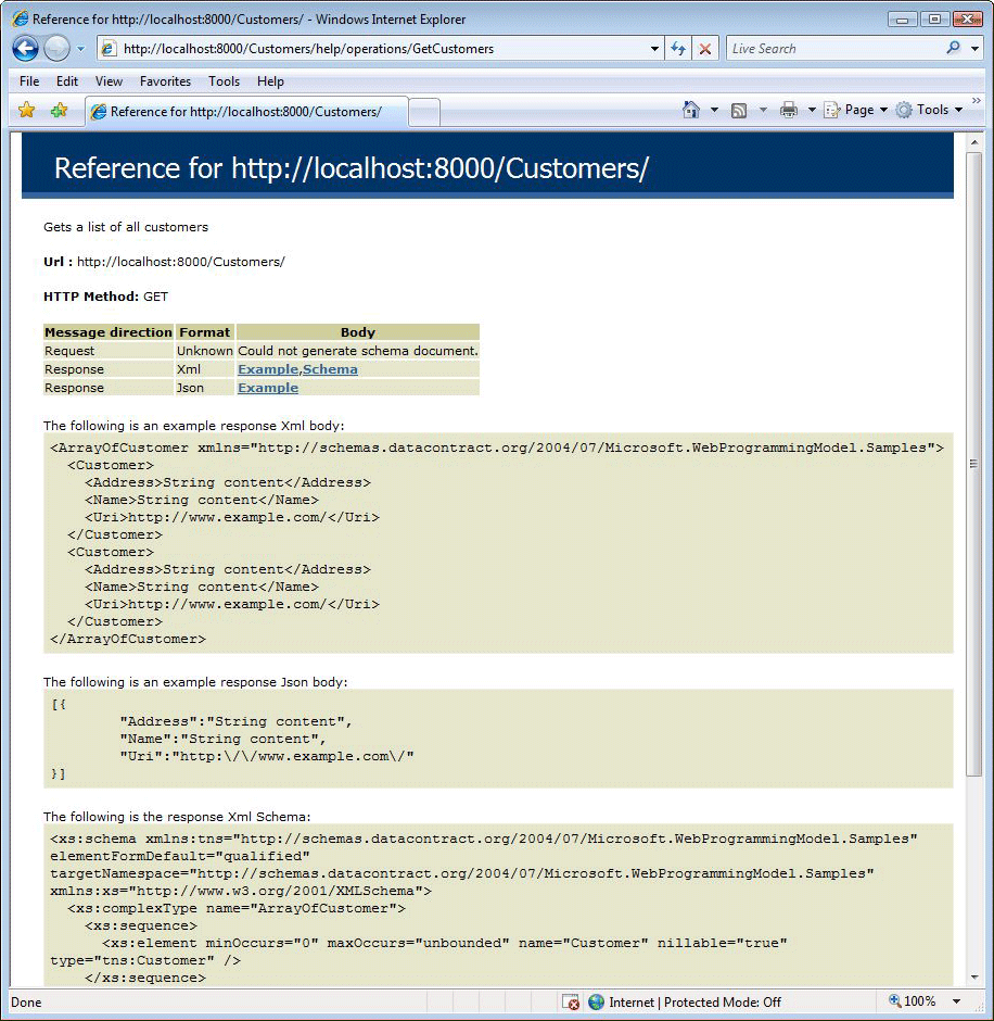A browser with the WCF REST Help page details for the GetCustomers method open.