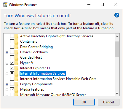 Windows Features with IIS highlighted