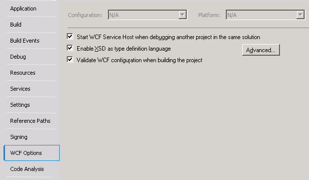 Screenshot of the WCF Options with contract-first development enabled.