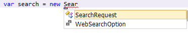 SearchRequest class showing in IntelliSense after typing the first few letters.