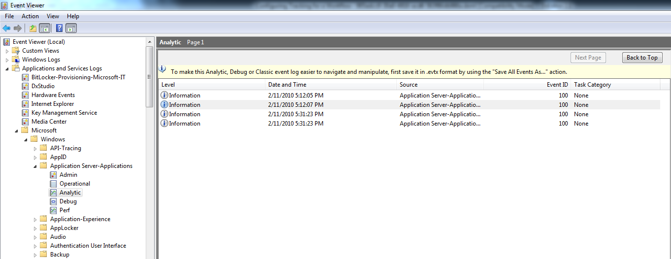 Screenshot of the Event Viewer showing tracking records.
