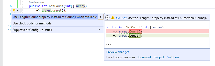 Code fix for CA1829 - Use Length/Count property instead of Count() when available