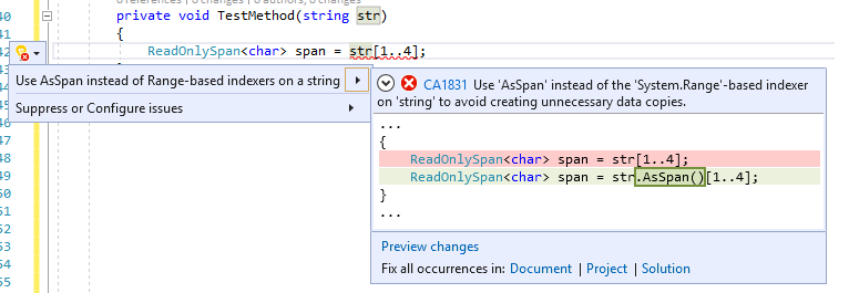 Code fix for CA1831 - Use AsSpan instead of Range-based indexers when appropriate