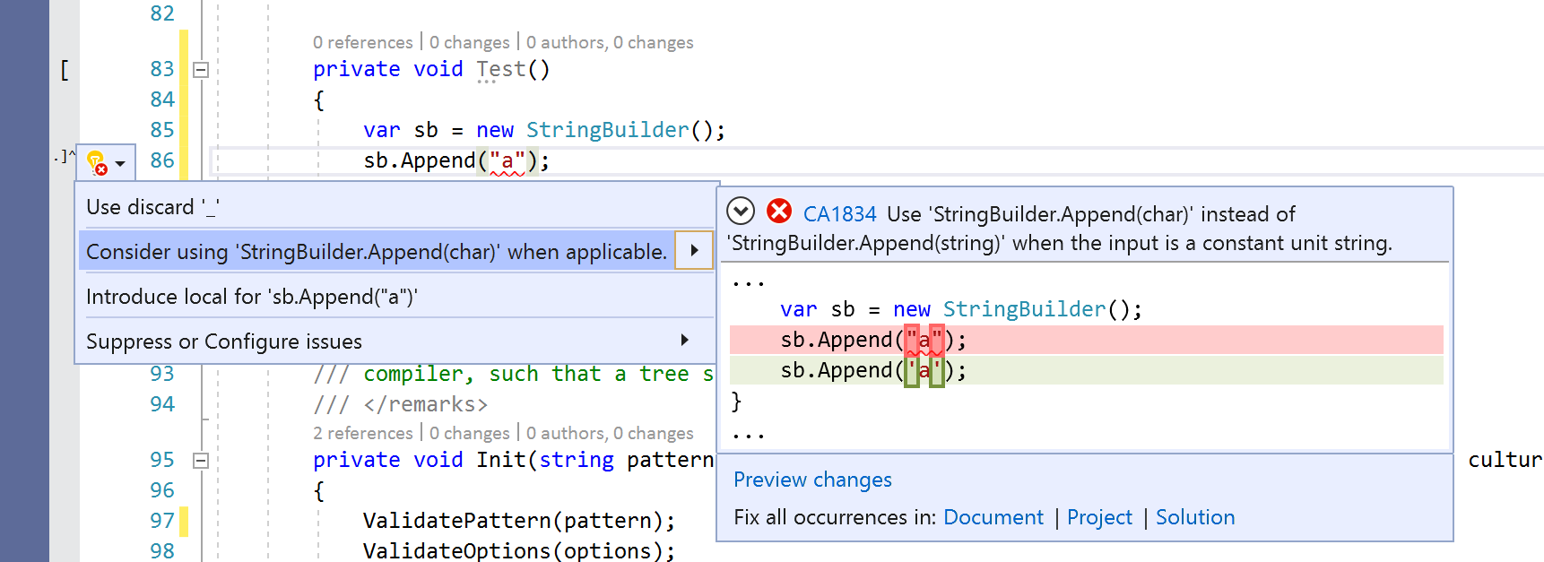 CA1834: Use StringBuilder.Append(char) for single character strings (code  analysis) - .NET | Microsoft Learn