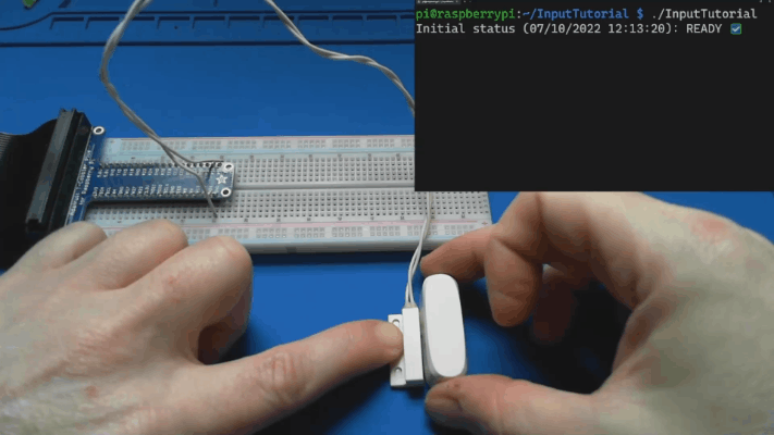 Animated GIF demonstrating a magnetic reed switch opening and closing. The switch is exposed to a magnet, and the app displays READY. The magnet is removed, and the app displays ALERT. The action is then repeated.