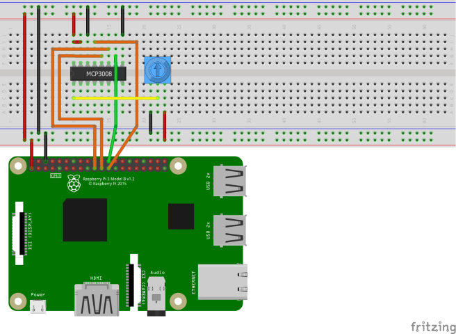 A Fritzing diagram showing a circuit with an MCP3008 ADC and a potentiometer