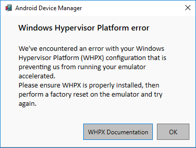 Android device manager warning about Hyper-V not enabled on .NET MAUI.