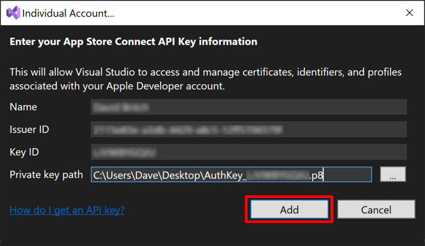 Screenshot of the completed dialog for adding an Apple Individual account.