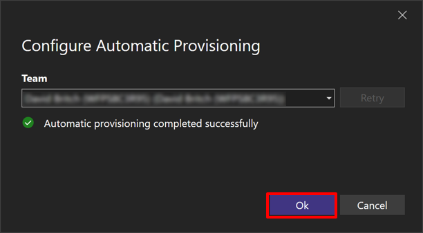 Screenshot of the automatic provisioning dialog when it's correctly configured.