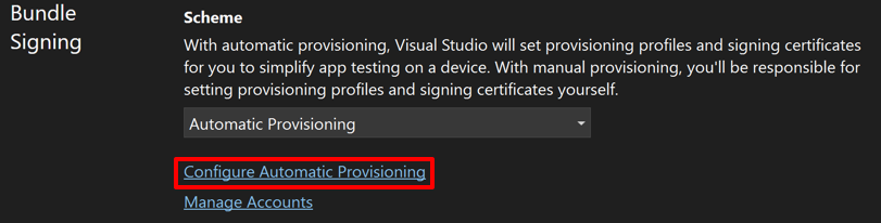 Screenshot of automatic provisioning enabled within the iOS property page in Visual Studio.