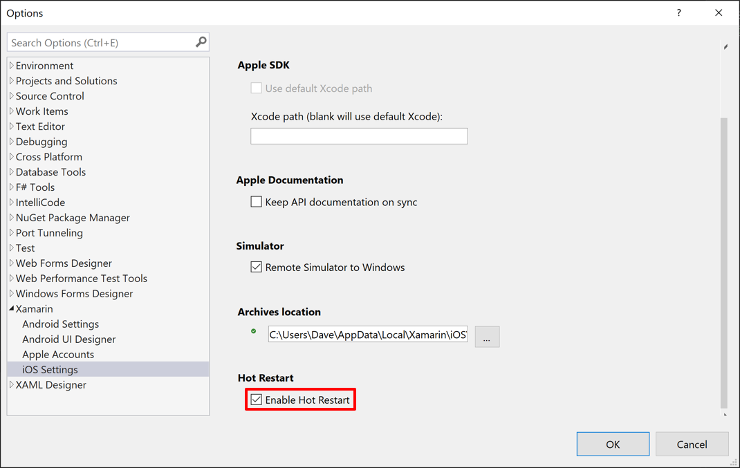 Screenshot of how to enable hot restart within Visual Studio.