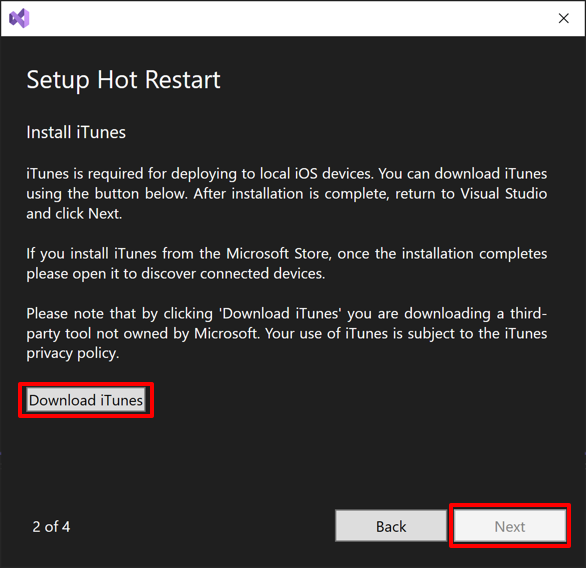 Screenshot of the second step in the setup hot restart wizard.