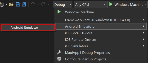 Select the Android Emulator debugging target for .NET MAUI.
