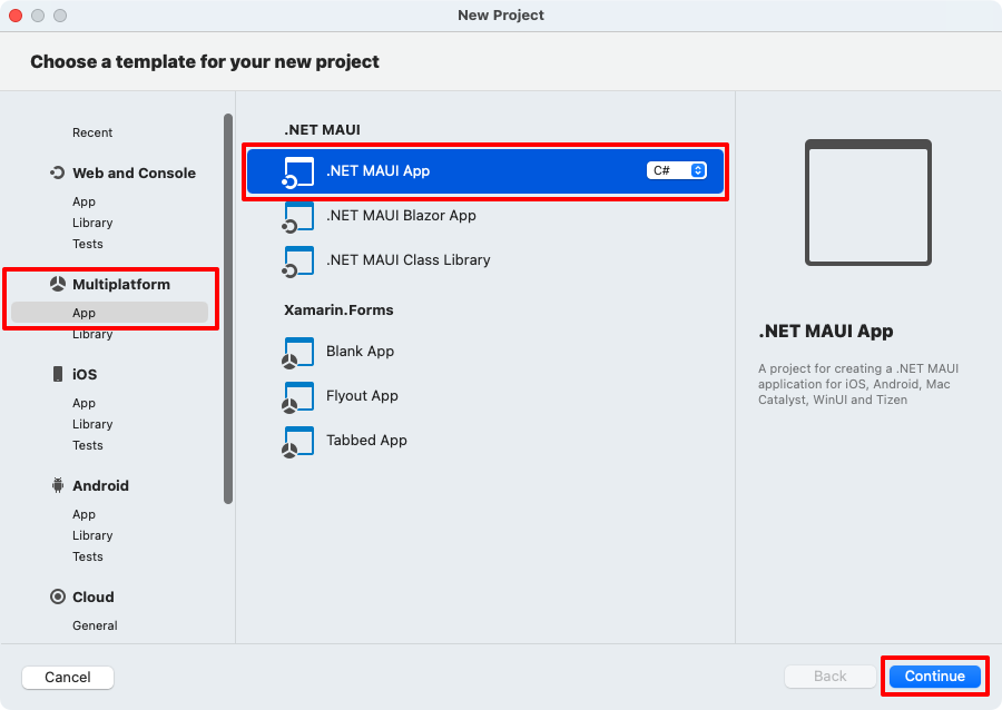 Choose the .NET MAUI App project template.