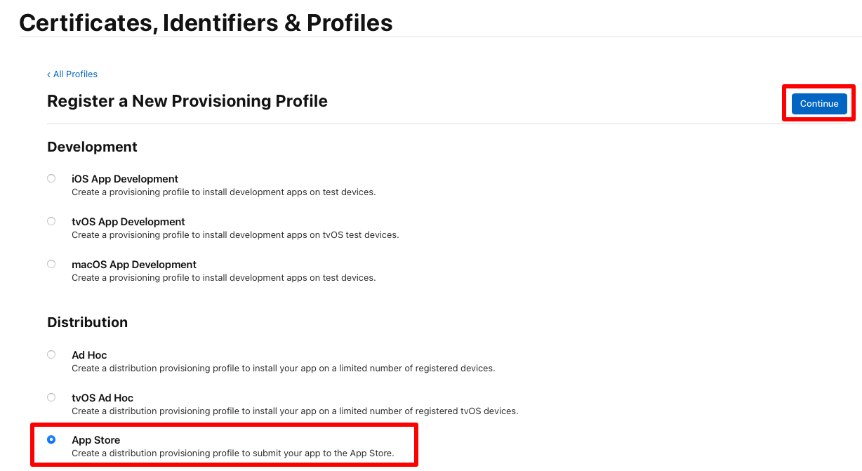 Register a provisioning profile for app store distribution.