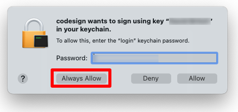 Allow codesign to sign your app on your paired Mac.