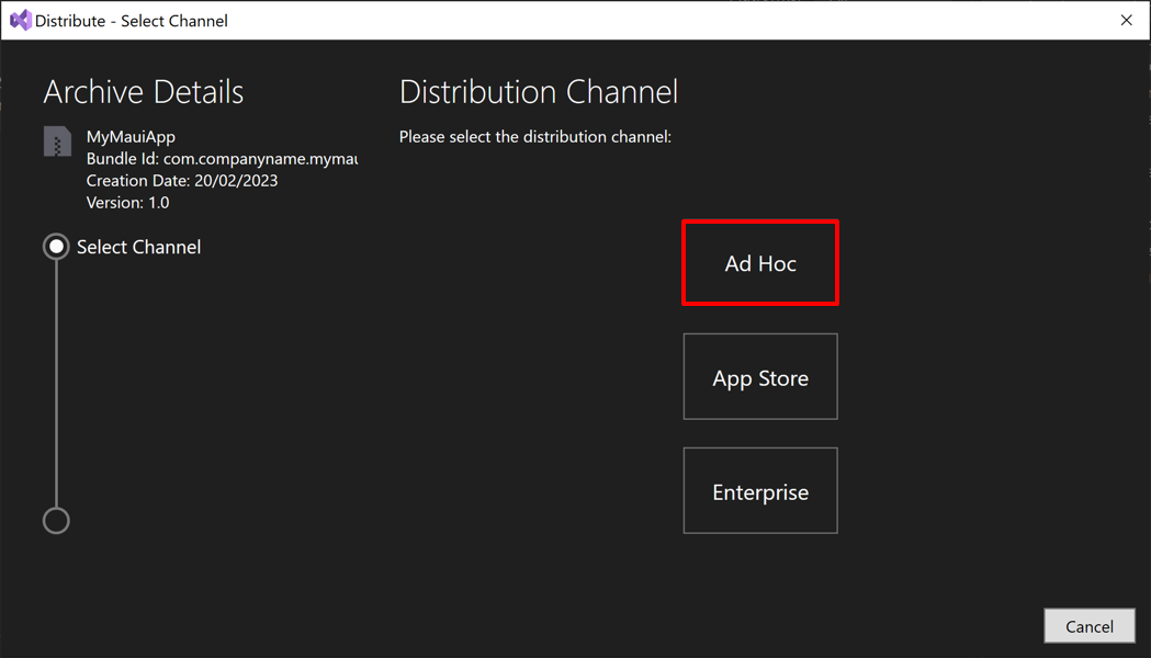 Screenshot of selecting a distribution channel in the distribution dialog.
