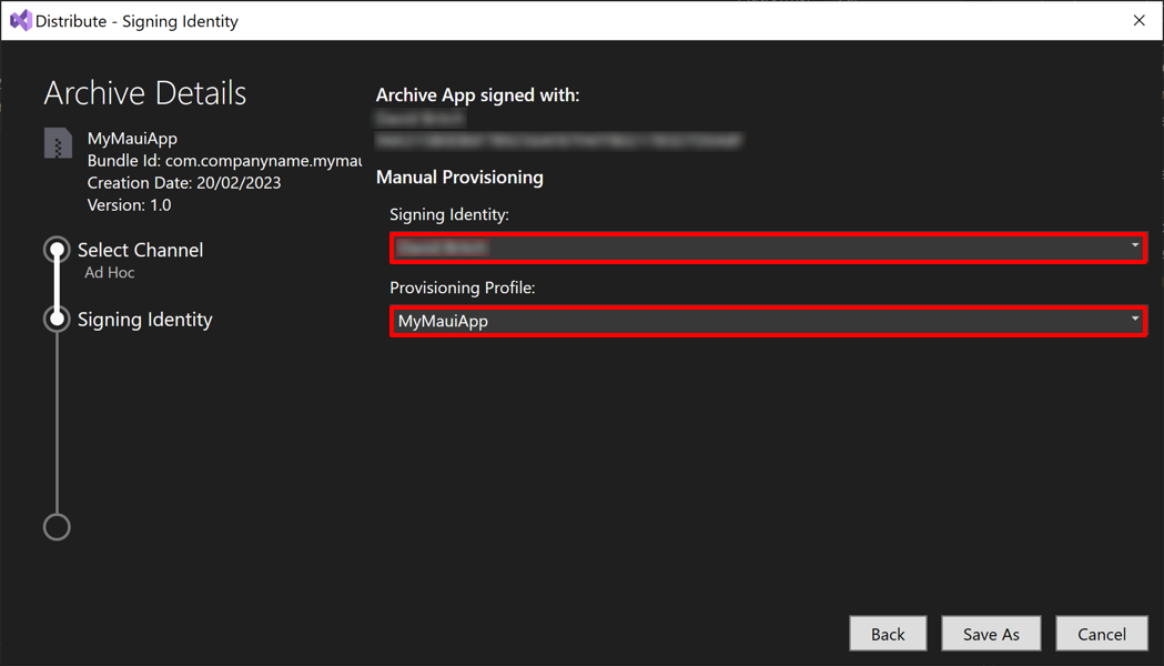 Screenshot of selecting a signing identity in the distribution dialog.