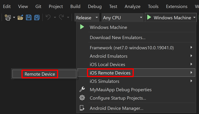 Select your remote device in Visual Studio.