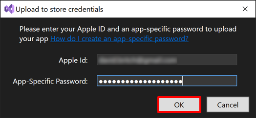Screenshot of entering your app-specific password to upload the app to the App Store.